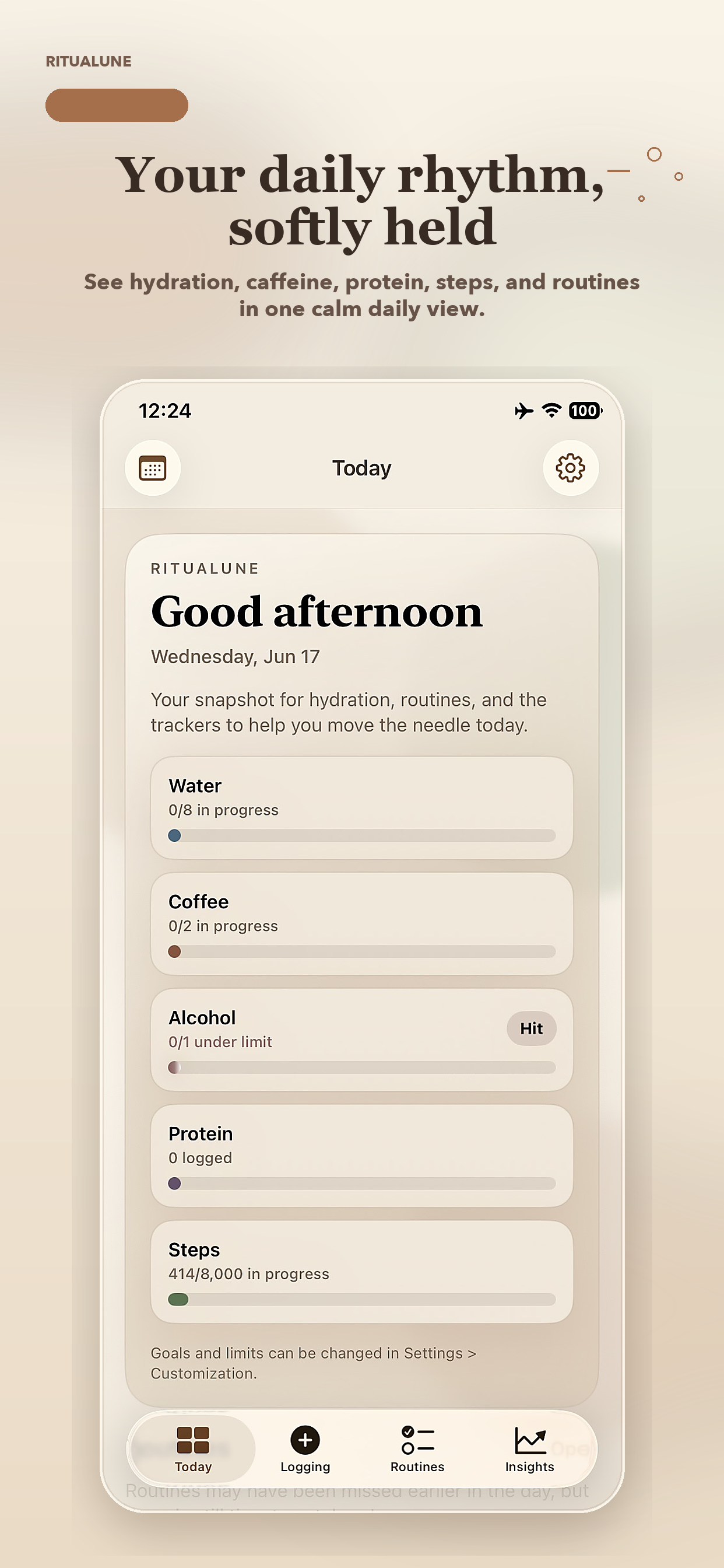 Ritualune App Store preview showing the Today screen with daily rituals and intake tracking