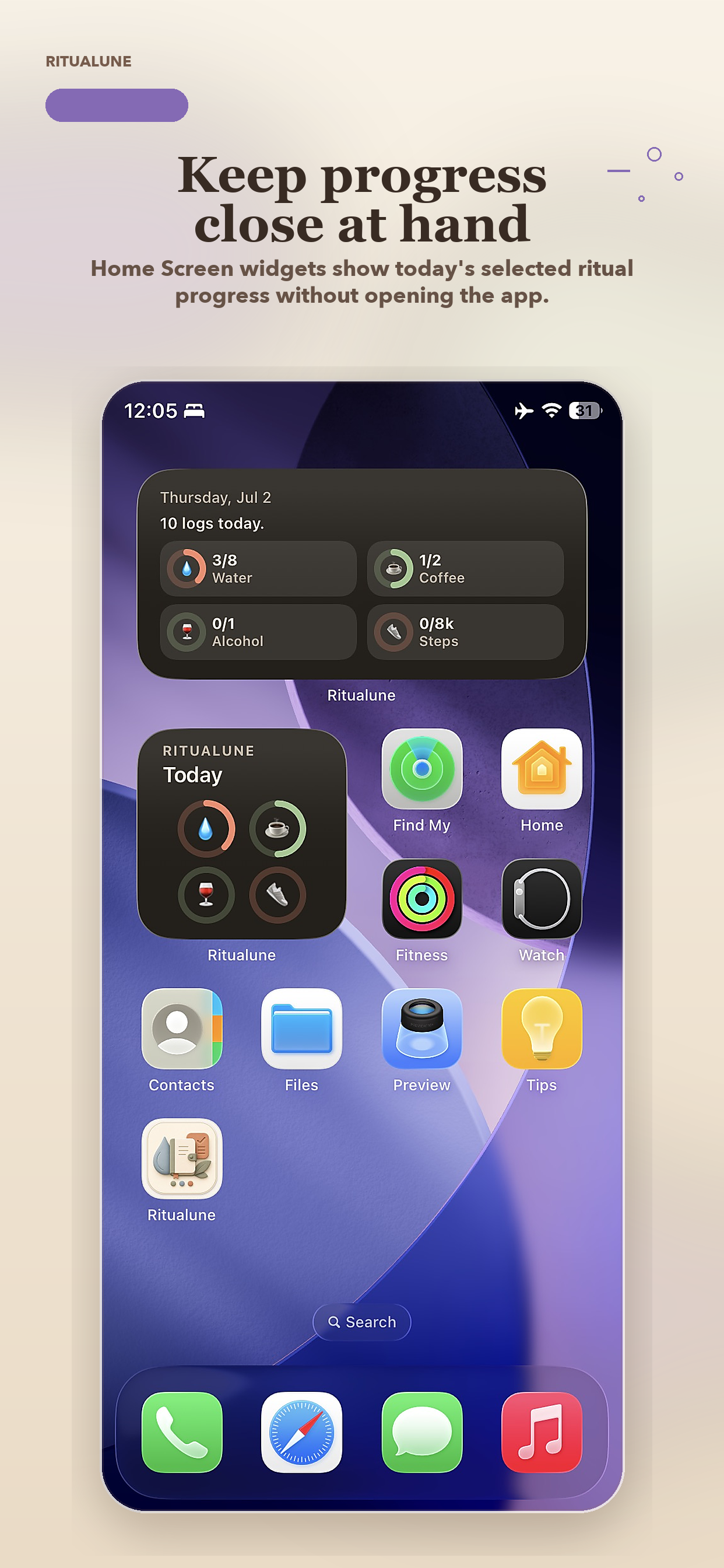 Ritualune App Store preview showing Home Screen widgets