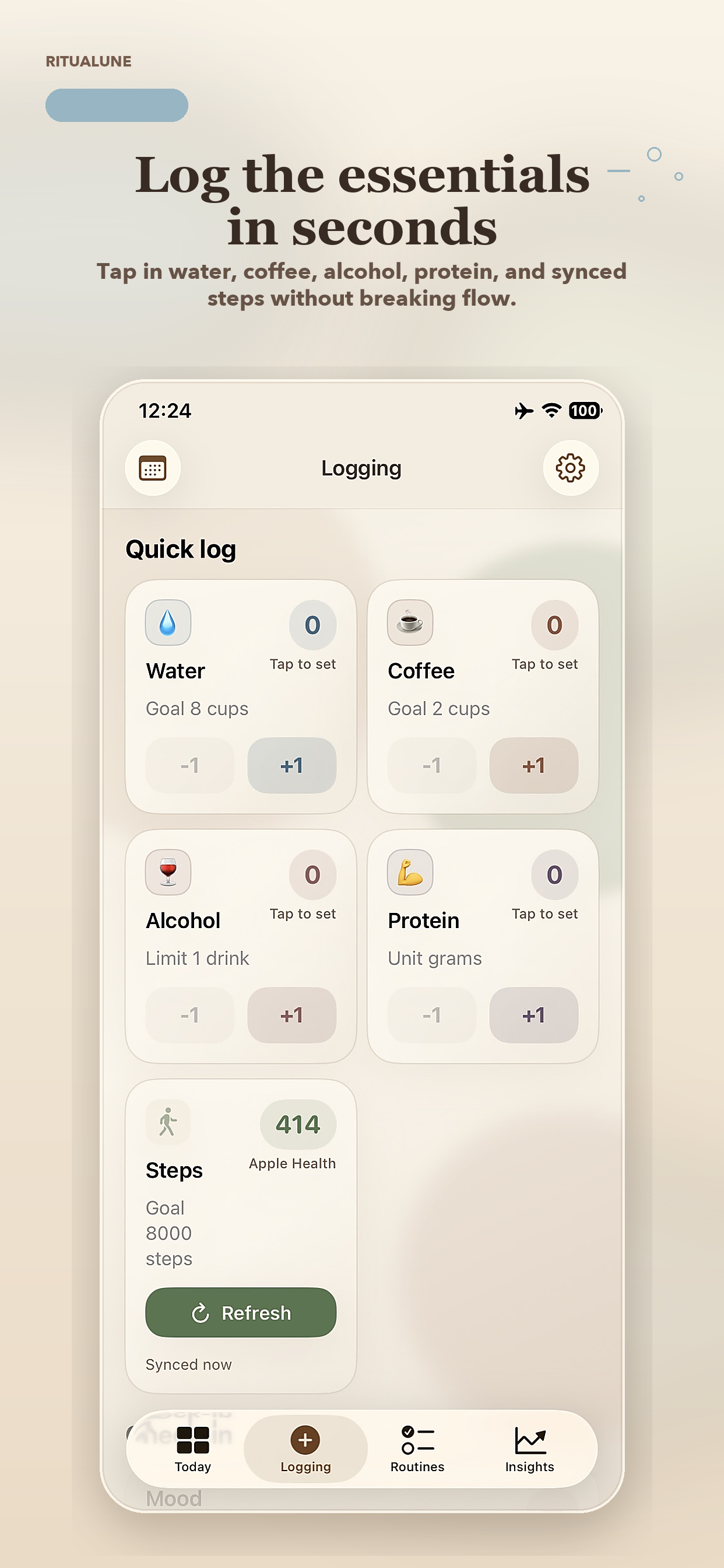 Ritualune App Store preview showing the quick log screen