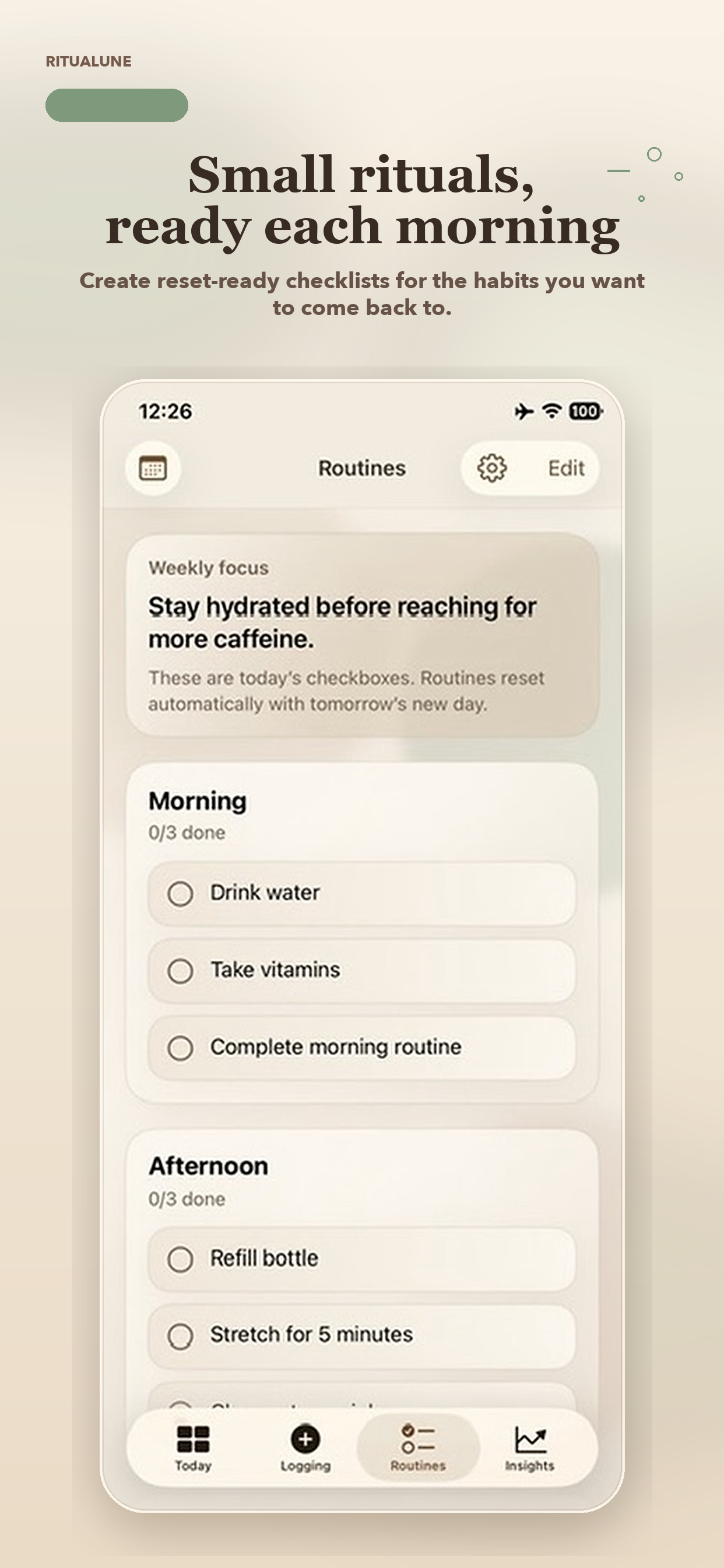 Ritualune App Store preview showing morning and afternoon routines