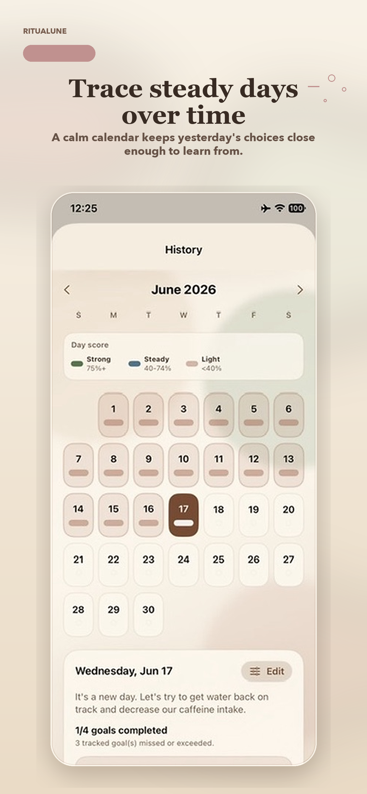 Ritualune App Store preview showing the history calendar